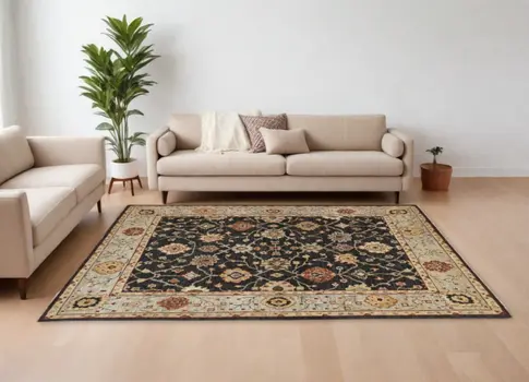 9' X 12' Black Gold And Gray Wool Floral Hand Knotted Stain Resistant Area Rug With Fringe