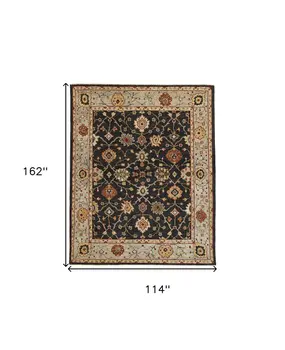 10' X 13' Black Gold And Gray Wool Floral Hand Knotted Stain Resistant Area Rug With Fringe