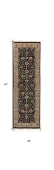 8' Black and Gold Oriental Hand Knotted Runner Rug With Fringe