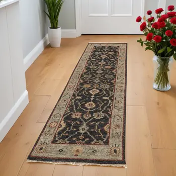 8' Black and Gold Oriental Hand Knotted Runner Rug With Fringe