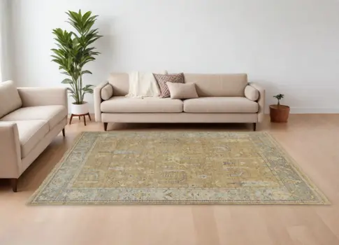 10' X 13' Gold Wool Floral Hand Knotted Stain Resistant Area Rug With Fringe