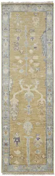 8' Gold Blue And Gray Wool Floral Hand Knotted Stain Resistant Runner Rug With Fringe