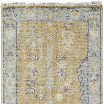 8' Gold Blue And Gray Wool Floral Hand Knotted Stain Resistant Runner Rug With Fringe