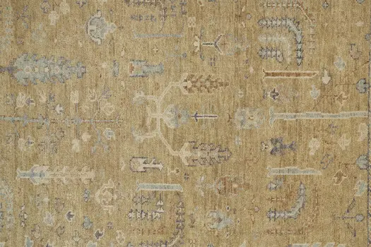 2' X 3' Gold Blue And Gray Wool Floral Hand Knotted Stain Resistant Area Rug With Fringe