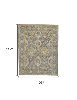 8' X 10' Blue Gold And Tan Wool Floral Hand Knotted Stain Resistant Area Rug With Fringe