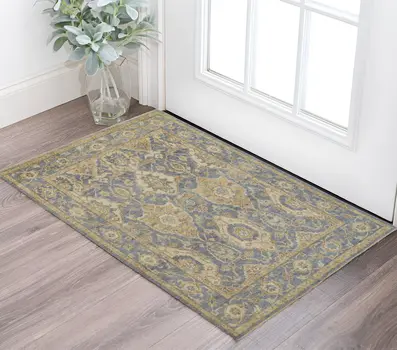 2' X 3' Blue and Gold Wool Floral Hand Knotted Area Rug With Fringe