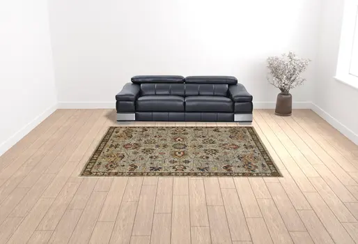 9' X 12' Gray Gold And Red Wool Floral Hand Knotted Stain Resistant Area Rug With Fringe