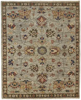 10' X 13' Gray Gold And Red Wool Floral Hand Knotted Stain Resistant Area Rug With Fringe