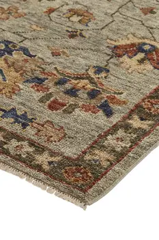 10' X 13' Gray Gold And Red Wool Floral Hand Knotted Stain Resistant Area Rug With Fringe