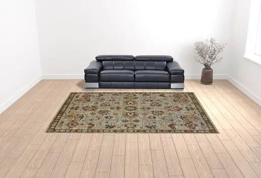 10' X 13' Gray Gold And Red Wool Floral Hand Knotted Stain Resistant Area Rug With Fringe