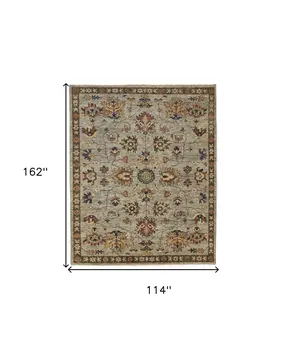 10' X 13' Gray Gold And Red Wool Floral Hand Knotted Stain Resistant Area Rug With Fringe