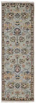 8' Gray and Gold Oriental Hand Knotted Runner Rug With Fringe