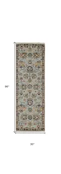 8' Gray and Gold Oriental Hand Knotted Runner Rug With Fringe