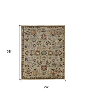 2' X 3' Gray and Ivory Wool Floral Hand Knotted Area Rug With Fringe