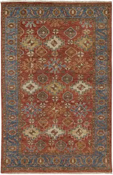 8' X 10' Red Blue And Orange Wool Floral Hand Knotted Stain Resistant Area Rug With Fringe