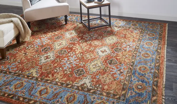 8' X 10' Red Blue And Orange Wool Floral Hand Knotted Stain Resistant Area Rug With Fringe