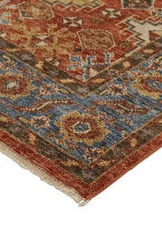 8' X 10' Red Blue And Orange Wool Floral Hand Knotted Stain Resistant Area Rug With Fringe