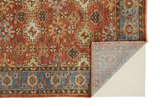 8' X 10' Red Blue And Orange Wool Floral Hand Knotted Stain Resistant Area Rug With Fringe