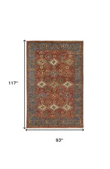 8' X 10' Red Blue And Orange Wool Floral Hand Knotted Stain Resistant Area Rug With Fringe