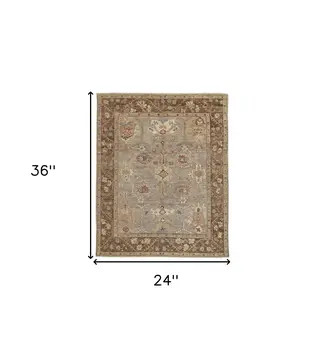 2' X 3' Brown and Ivory Wool Floral Hand Knotted Area Rug With Fringe