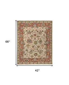 4' X 6' Red and Ivory Wool Floral Hand Knotted Area Rug
