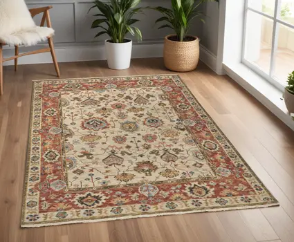 4' X 6' Red and Ivory Wool Floral Hand Knotted Area Rug