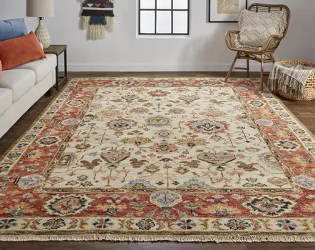 4' X 6' Red and Ivory Wool Floral Hand Knotted Area Rug