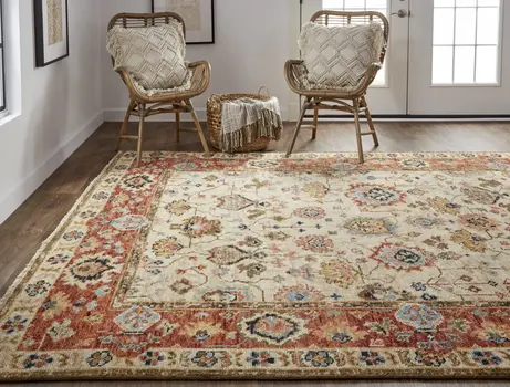 5' X 8' Ivory Red And Blue Wool Floral Hand Knotted Stain Resistant Area Rug