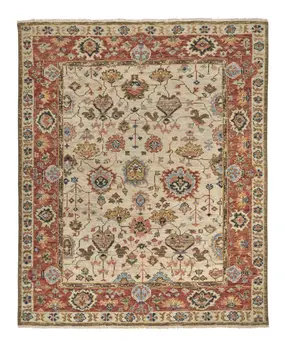 9' X 12' Red and Ivory Wool Floral Hand Knotted Area Rug With Fringe