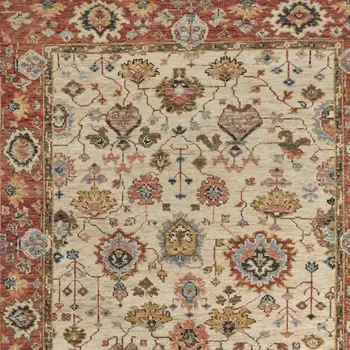 9' X 12' Red and Ivory Wool Floral Hand Knotted Area Rug With Fringe