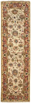 8' Ivory Red And Blue Wool Floral Hand Knotted Stain Resistant Runner Rug