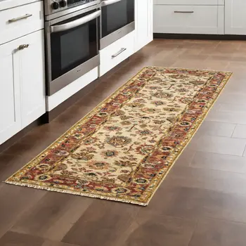 8' Ivory Red And Blue Wool Floral Hand Knotted Stain Resistant Runner Rug