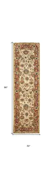 8' Ivory Red And Blue Wool Floral Hand Knotted Stain Resistant Runner Rug