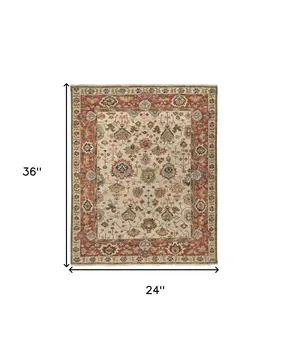 2' X 3' Red and Ivory Wool Floral Hand Knotted Area Rug