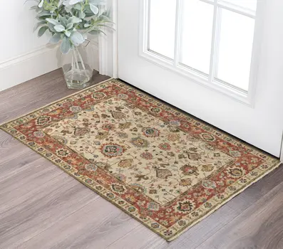 2' X 3' Red and Ivory Wool Floral Hand Knotted Area Rug