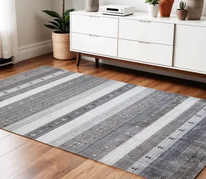 4' X 6' Gray Silver And Black Wool Striped Hand Knotted Stain Resistant Area Rug