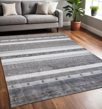 5' X 8' Gray and Ivory Wool Striped Hand Knotted Area Rug
