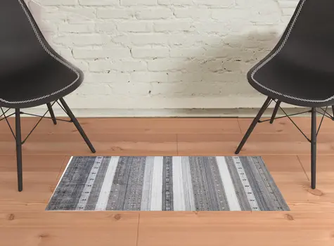 2' X 3' Gray Silver And Black Wool Striped Hand Knotted Stain Resistant Area Rug