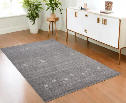 4' X 6' Gray and Ivory Wool Oriental Shag Hand Knotted Area Rug