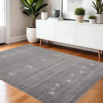 4' X 6' Gray and Ivory Wool Oriental Shag Hand Knotted Area Rug