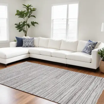 9' X 12' Ivory and Gray Striped Shag Hand Woven Area Rug