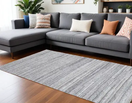 9' X 12' Gray Silver And Ivory Striped Hand Woven Stain Resistant Area Rug
