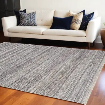 10' X 14' Taupe Ivory And Red Striped Hand Woven Stain Resistant Area Rug