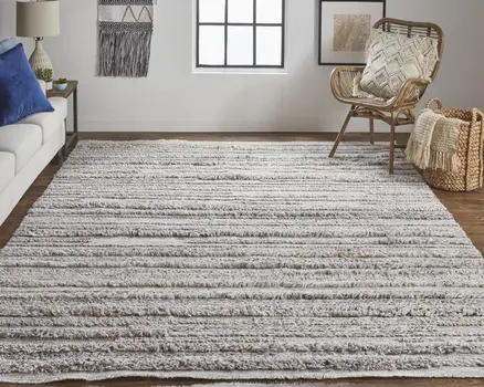 10' X 14' Taupe Ivory And Red Striped Hand Woven Stain Resistant Area Rug