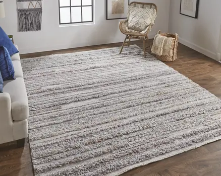 10' X 14' Taupe Ivory And Red Striped Hand Woven Stain Resistant Area Rug