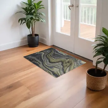 2' X 3' Blue and Green Abstract Hand Tufted Area Rug