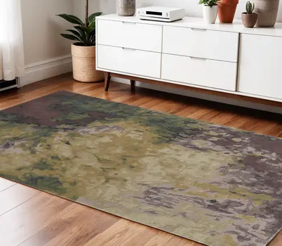 4' X 6' Green and Black Wool Abstract Shag Hand Tufted Area Rug