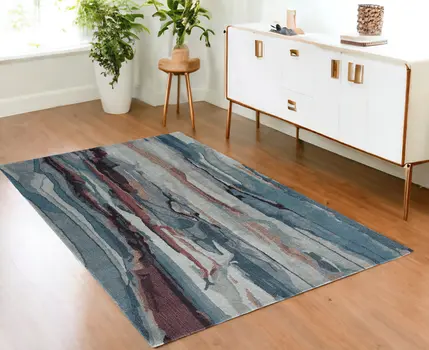 4' X 6' Blue and Orange Wool Abstract Hand Tufted Area Rug