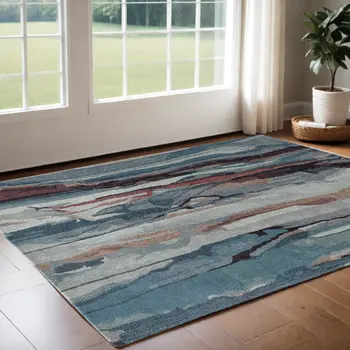 2' X 3' Blue and Orange Wool Abstract Hand Tufted Area Rug