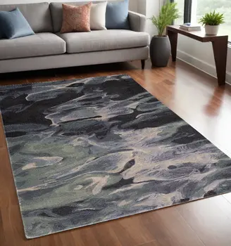 5' X 8' Blue and Black Wool Abstract Hand Tufted Area Rug
